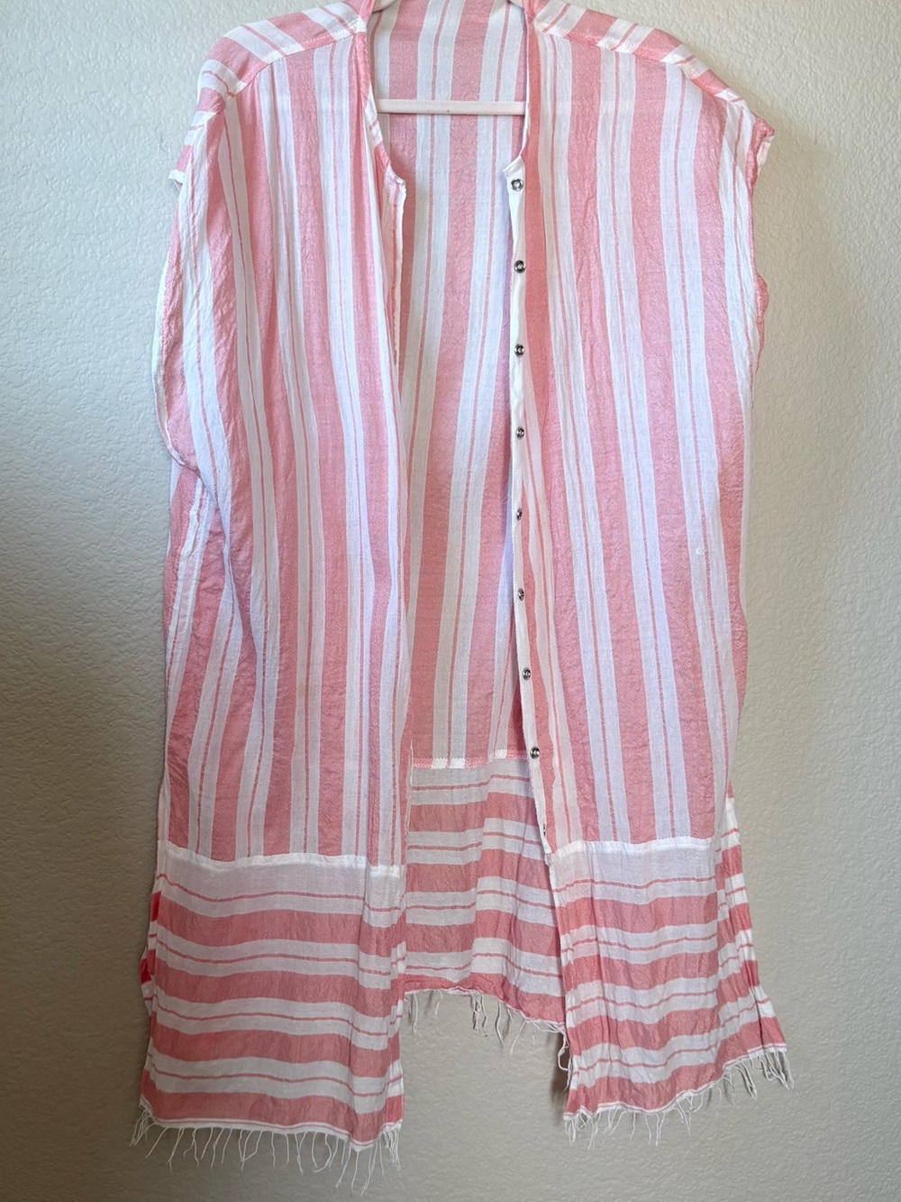 Lemlem Pink White Striped Beach Cover Up Small Fringe Resort Gauze Tunic